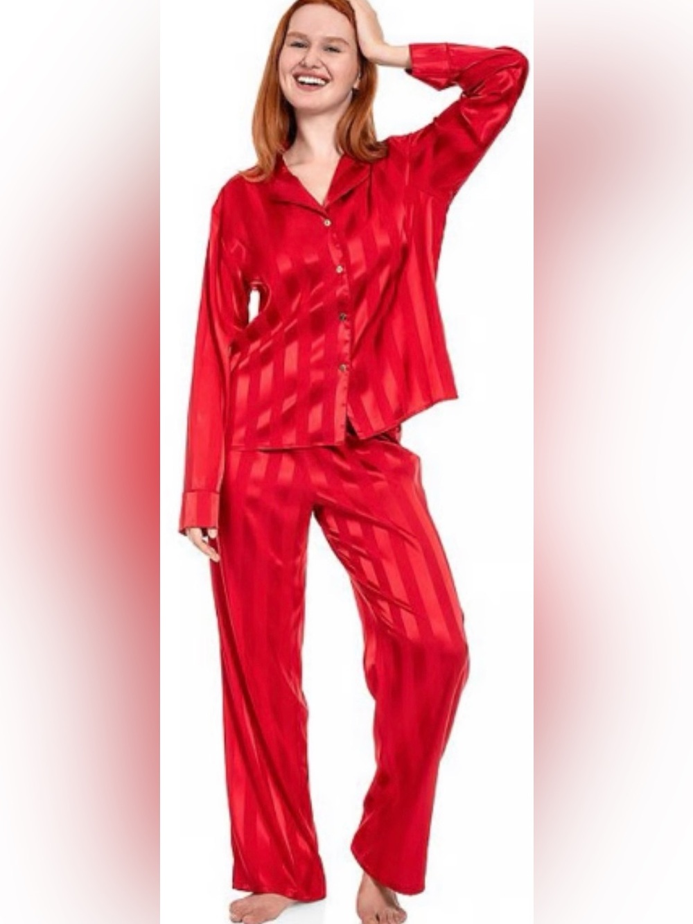 Lilac and London Red Satin Women's Pajama Set - Classic Button-Down